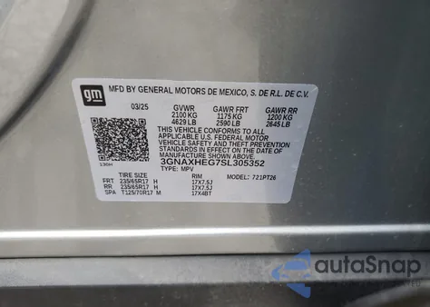 2025 Chevrolet Equinox Lt из США, поврежденный, VIN 3GNAXHEG7SL305352